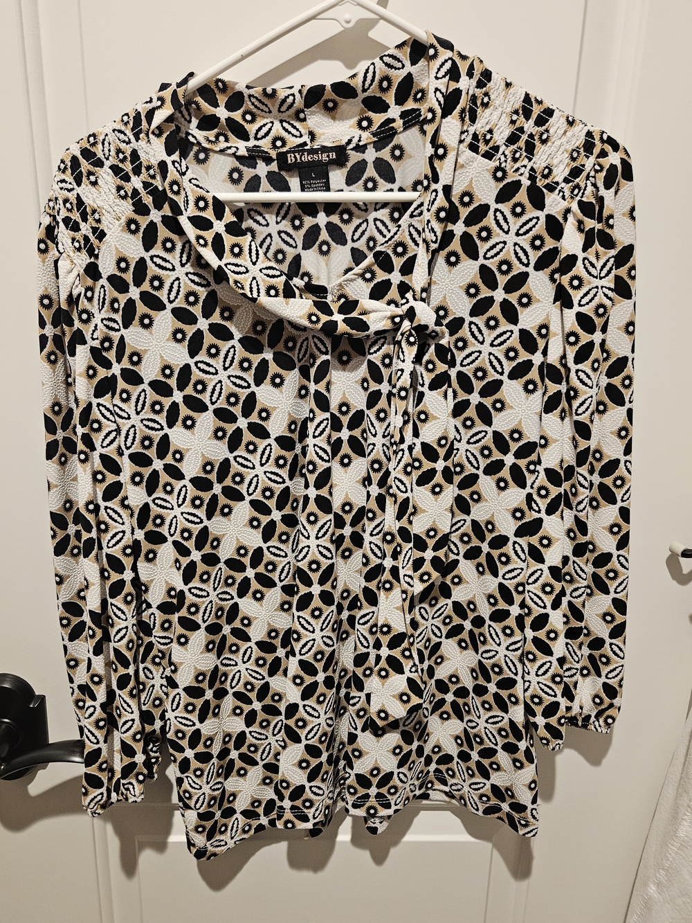 Cream and Black Patterned Tie-Neck Women’s Top